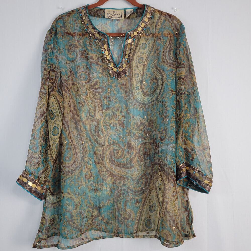 New Directions Sheer Paisley Beaded Hem Split Neck Tunic Top size 2X Boho Hippie